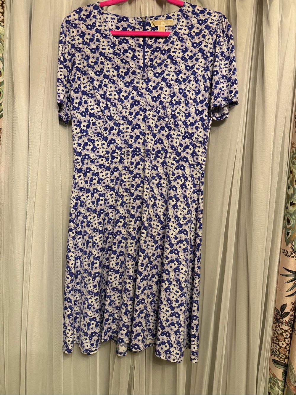 Michael Kors Blue and White Floral Short Sleeve Mini Dress